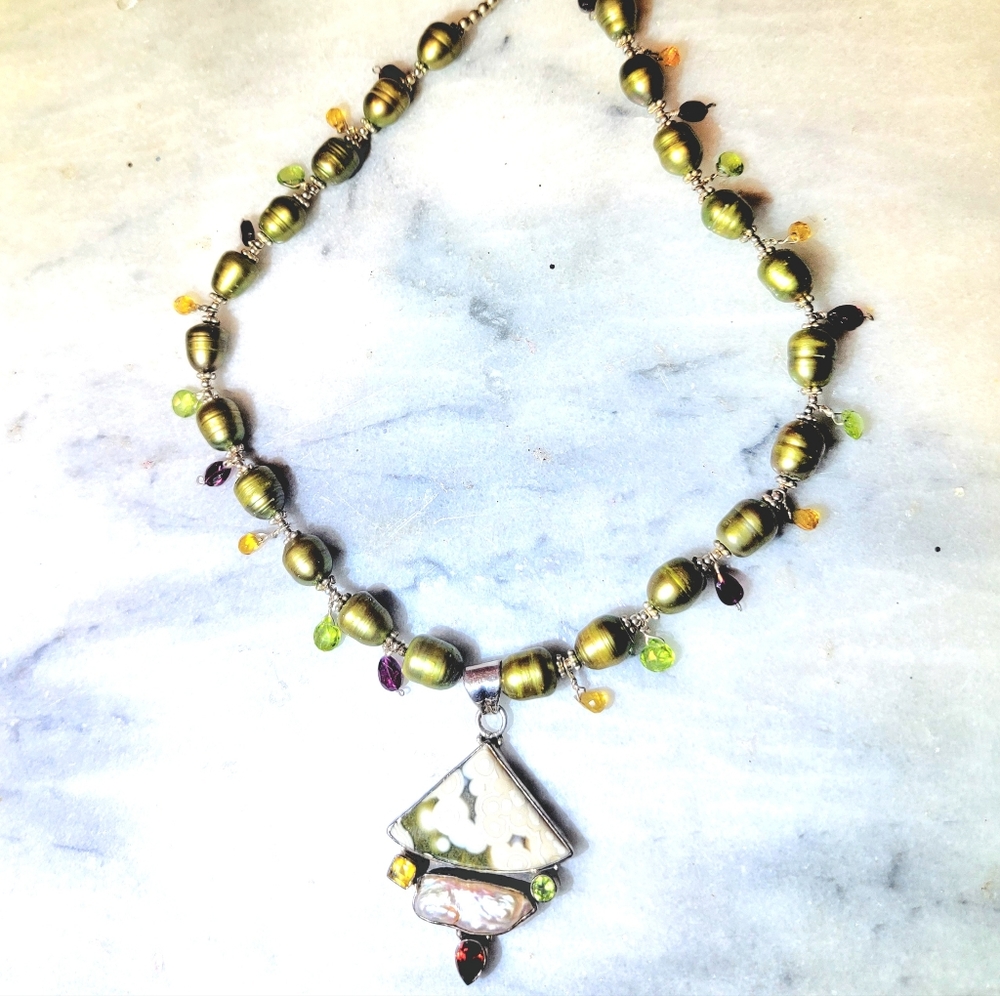 Artisan Necklace Citrine Peridot Garnet Pearl Ocean Jasper Sterling Adjustable